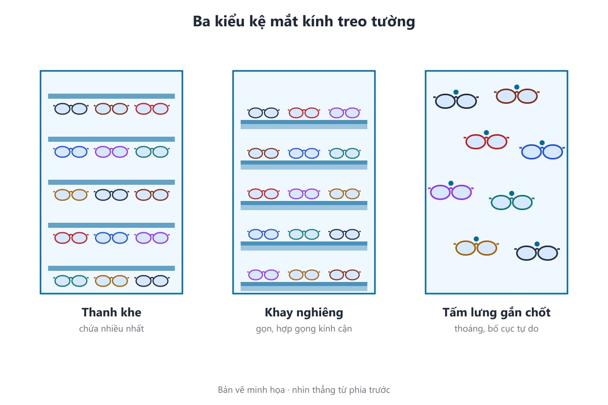 Bản vẽ ba kiểu kệ mắt kính treo tường: thanh khe, khay nghiêng, tấm lưng gắn chốt