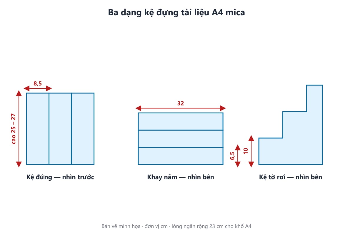 Bản vẽ ba dạng kệ đựng tài liệu A4 mica: kệ đứng, khay nằm, kệ tờ rơi