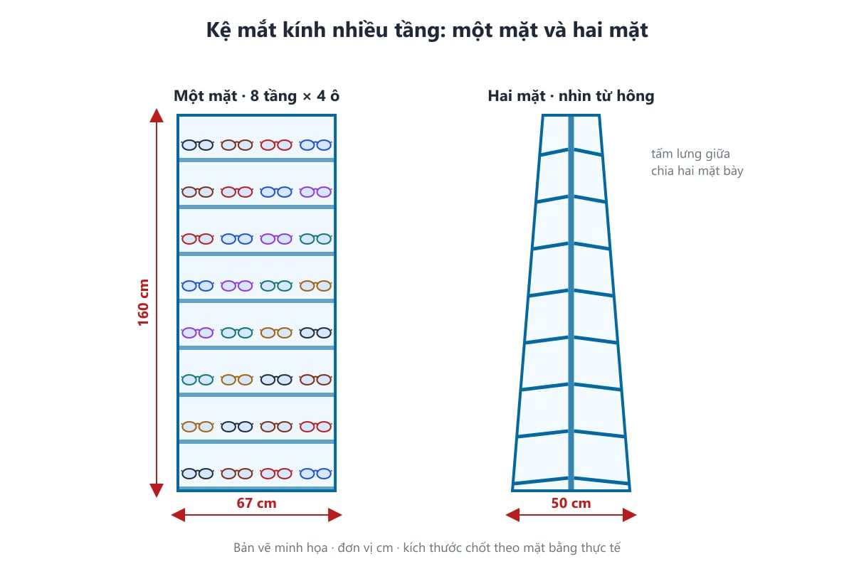 Bản vẽ kệ mắt kính nhiều tầng một mặt và hai mặt