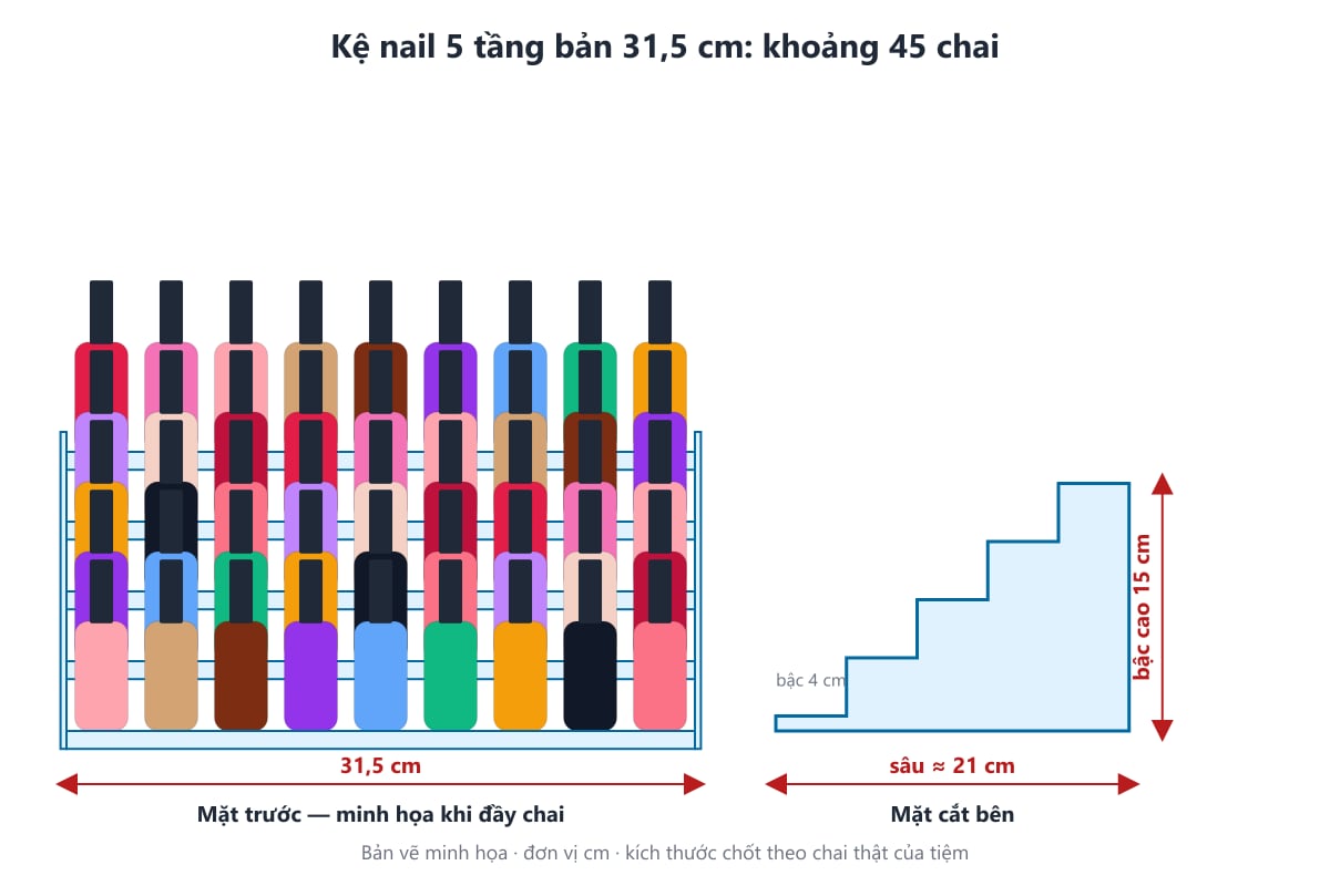 Bản vẽ kệ nail 5 tầng bản 31,5 cm đầy chai sơn