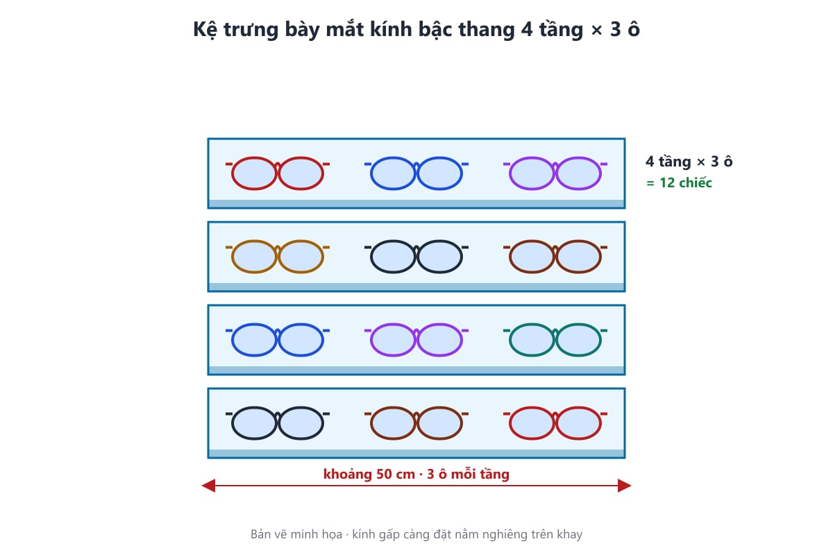 Bản vẽ kệ trưng bày mắt kính bậc thang 4 tầng 3 ô