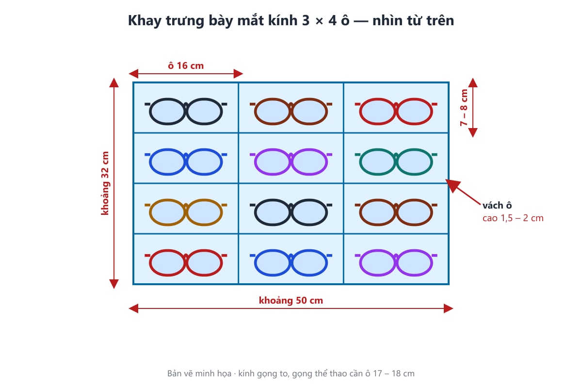 Bản vẽ khay trưng bày mắt kính 3 × 4 ô nhìn từ trên xuống