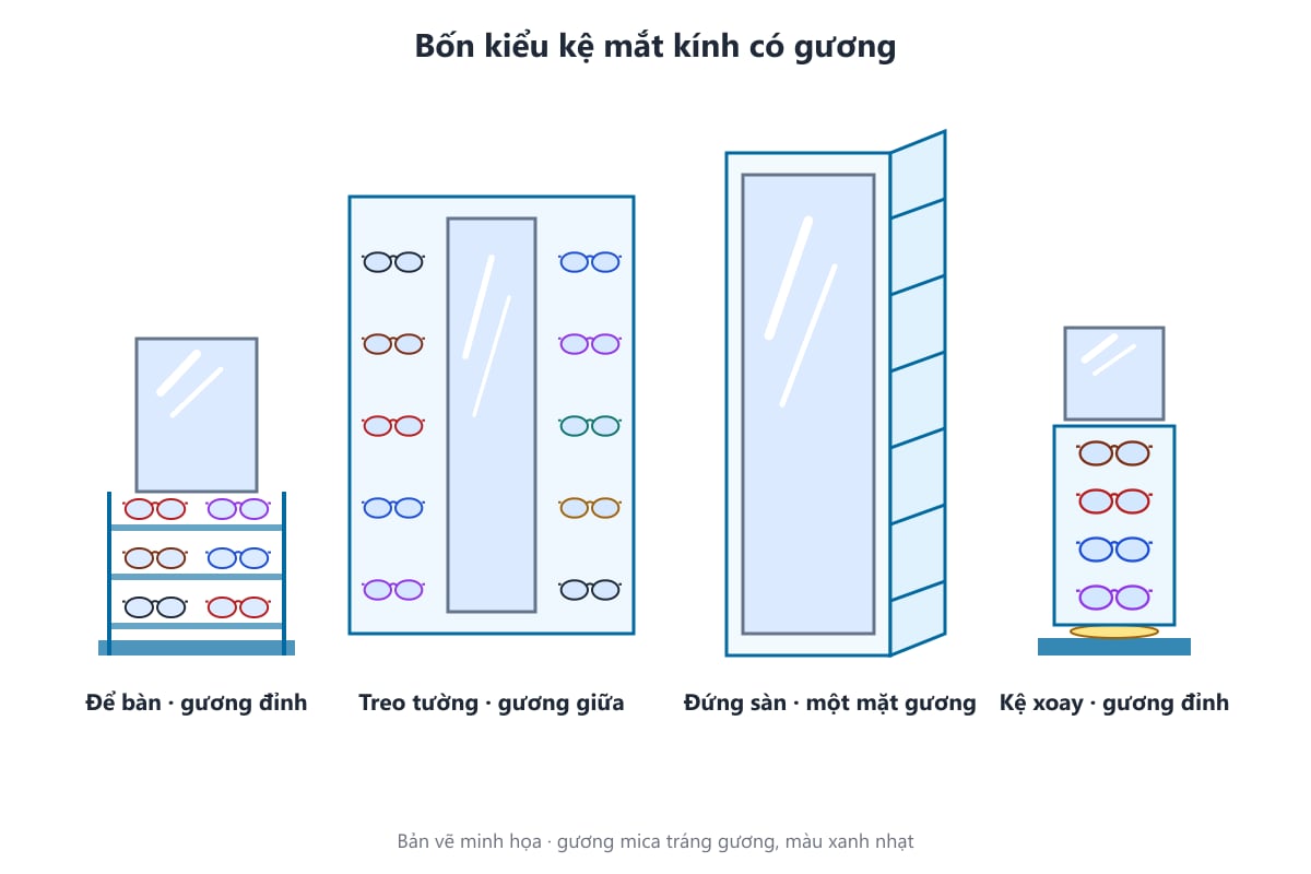 Bản vẽ bốn kiểu kệ mắt kính có gương mica