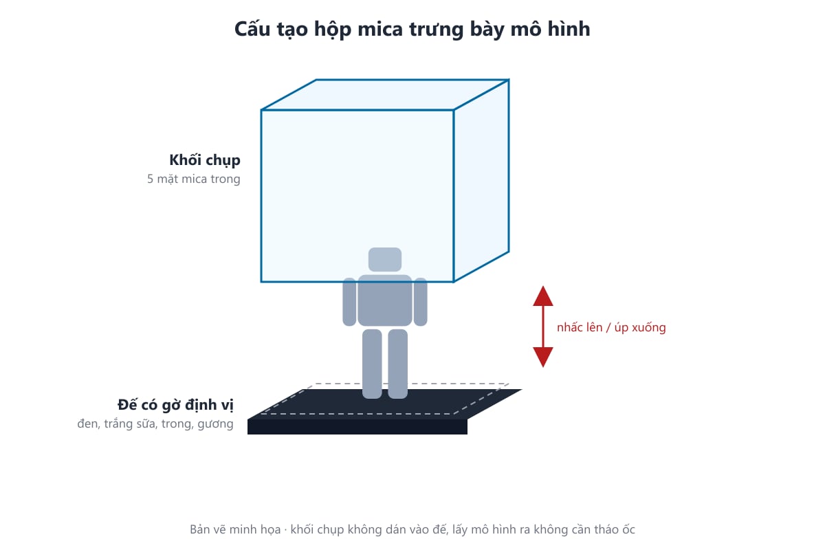 Bản vẽ cấu tạo hộp mica trưng bày mô hình: khối chụp và đế