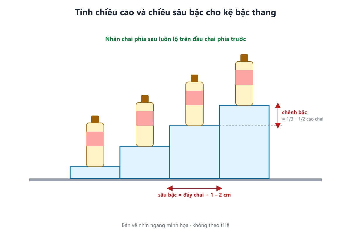 Bản vẽ cách tính chênh bậc và chiều sâu bậc kệ bậc thang
