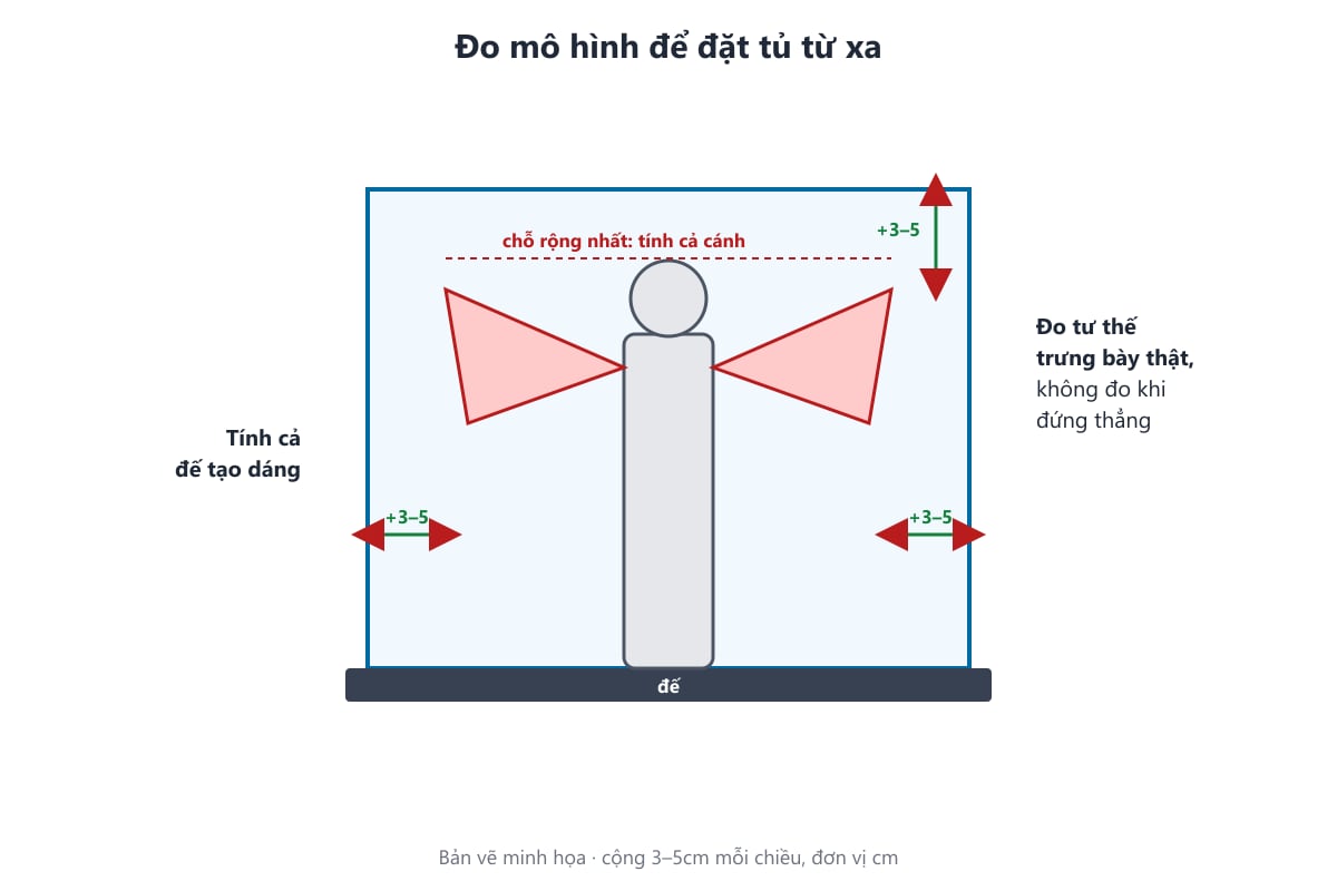 Bản vẽ cách đo mô hình ở tư thế trưng bày để đặt tủ