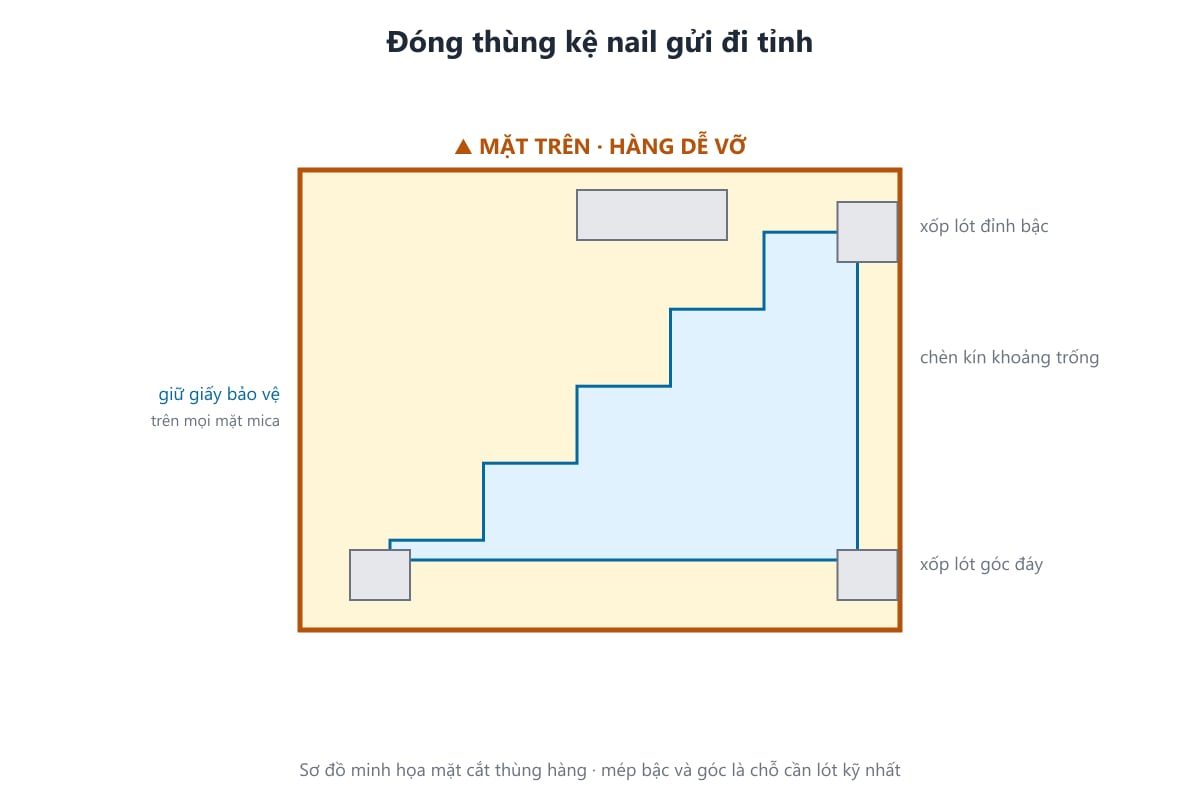 Sơ đồ đóng thùng kệ nail mica gửi đi tỉnh có xốp lót góc