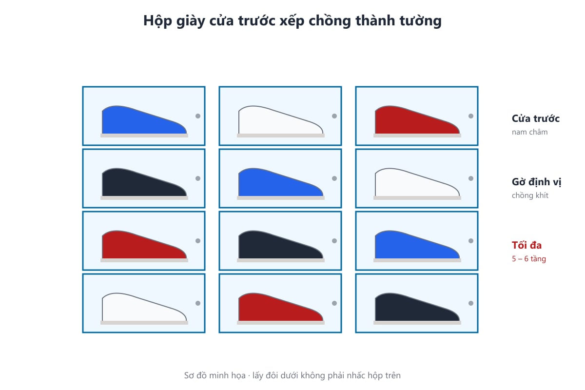 Sơ đồ hộp giày mica cửa trước xếp chồng thành tường