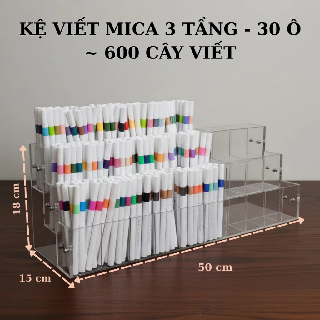 Kệ bút mica 3 tầng 30 ô kích thước 50 x 15 x 18 cm chứa khoảng 600 cây viết