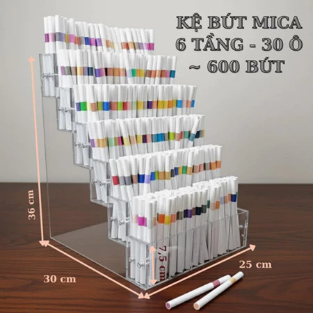 Kệ bút mica 6 tầng 30 ô kích thước 25 x 30 x 36 cm chứa khoảng 600 cây bút