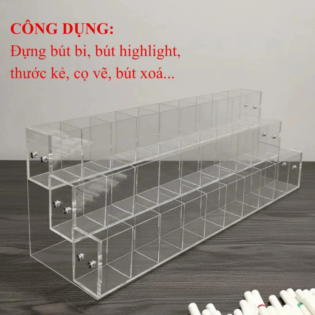 Kệ bút mica chia ô đựng bút bi, bút highlight, thước kẻ và cọ vẽ