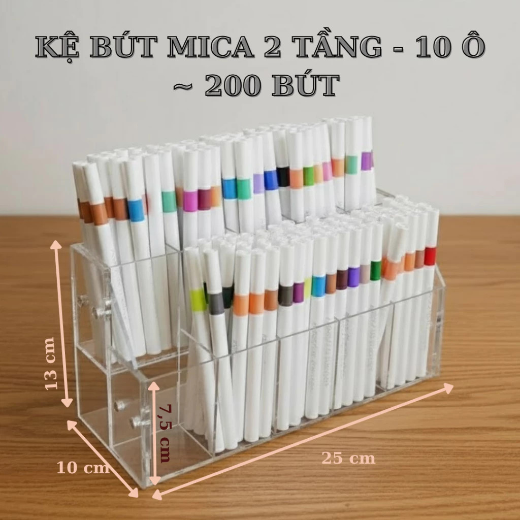 Kệ bút mica 2 tầng 10 ô với mặt bên phẳng dùng để in logo, cỡ 25 x 10 x 13 cm