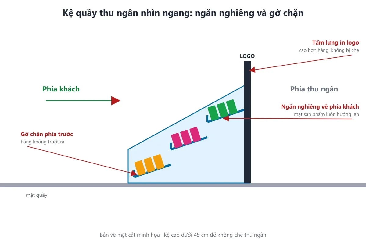 Bản vẽ mặt cắt kệ quầy thu ngân có ngăn nghiêng và gờ chặn