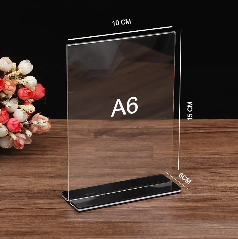 Menu mica chữ T khổ A6 tấm trong cắm đế mica đen, kèm số đo các cạnh