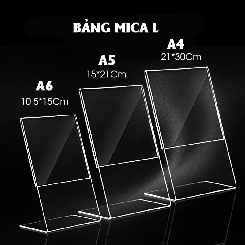 Ba bảng mica chữ L trong suốt khổ A6, A5, A4 xếp cạnh nhau