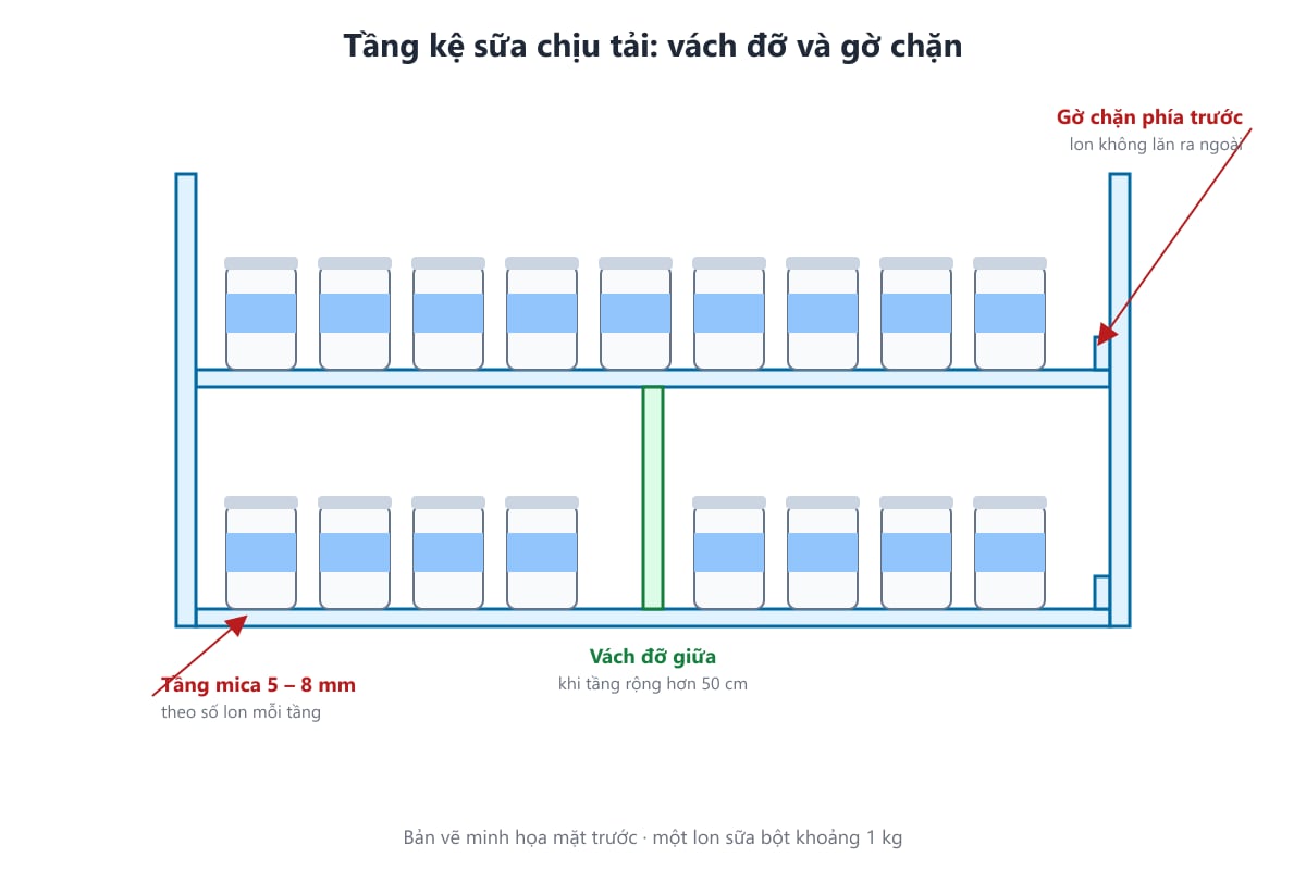 Bản vẽ tầng kệ sữa có vách đỡ giữa và gờ chặn