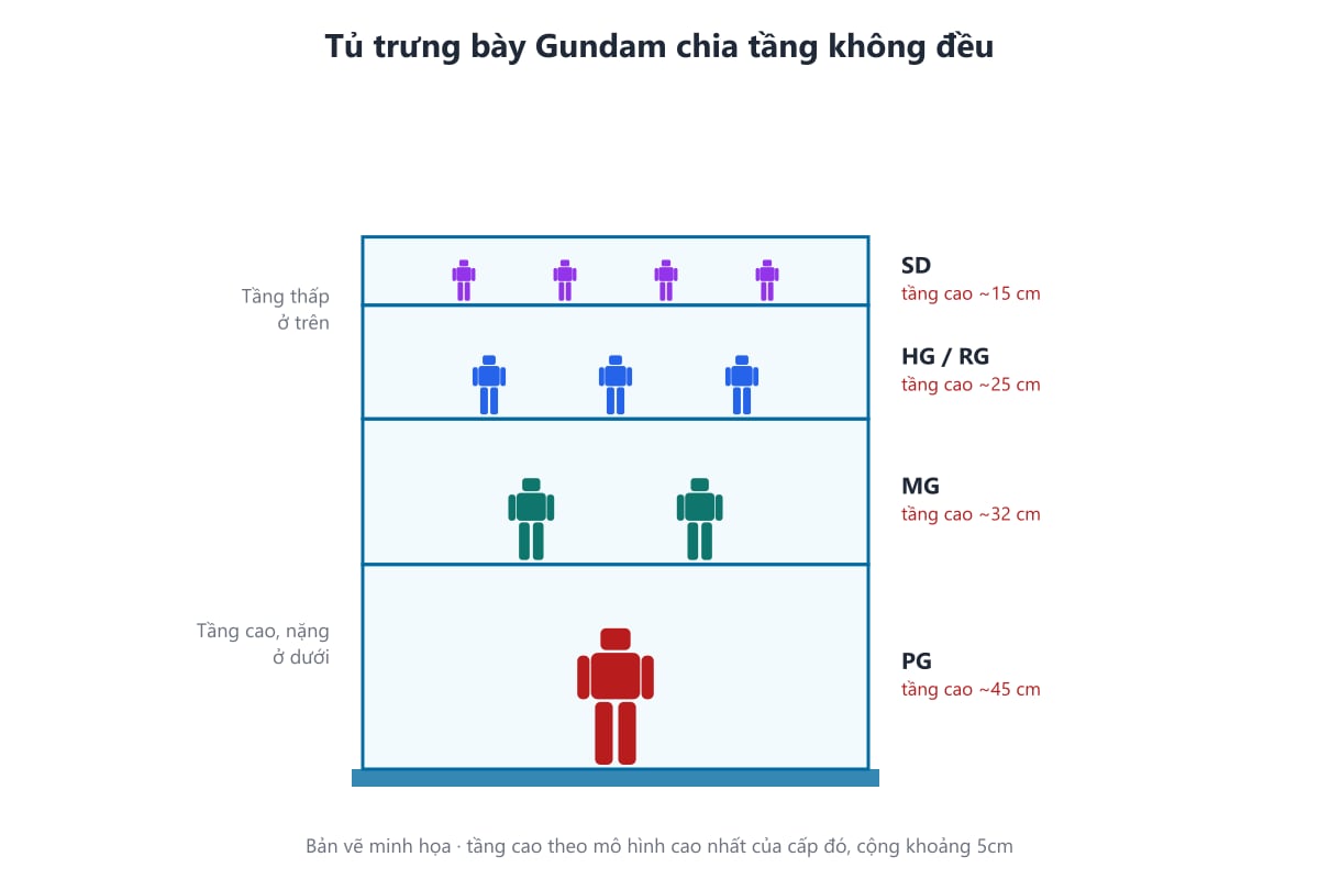 Bản vẽ tủ trưng bày Gundam chia tầng không đều theo cấp